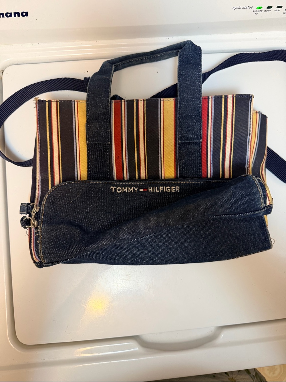 Vintage Tommy Hilfiger Navy Denim and Multicolor Stripe Messenger Tote